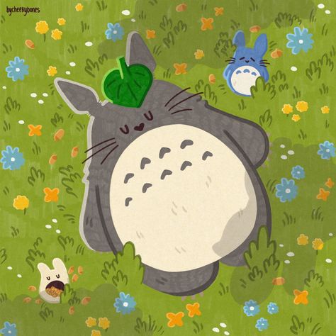 Totoro Laying Down, Digital Art Studio Ghibli, Studio Ghibli Digital Art, Grass Stickers Printable, Studio Ghibli Illustration, Totoro Printable, Totoro Illustration, Sleeping Totoro, Studio Ghibli Fan Art