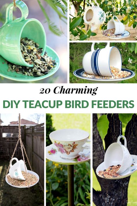 Spring has finally sprung and having a teacup bird feeder in your yard is a great way to attract beautiful winged friends!  The great thing about DIY teacup bird feeders is that they are super easy to make and add some additional beauty to your yard and porch. Teacup Bird Feeders, Teacup Crafts, Homemade Bird Feeders, Tea Cup Bird Feeder, Bird Bath Garden, Diy Bird Feeder, Tea Diy, Bird Houses Diy, Diy Birds