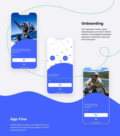 FishOn Mobile Fishing App on Behance Fishing App, Yoga Poster Design, Fish Mobile, Yoga Poster, 포트폴리오 레이아웃, Desain Editorial, Fish Finder, App Design, Mobile App