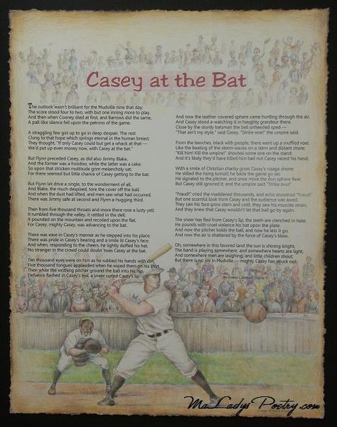 The poem was written about a real baseball game. Casey did strike out, but the catcher didn't catch the ball. Casey ran the bases and ended up getting back to home plate. With the other 2 players getting home as well they won the game. It was a very exciting ending. Unfortunately, very few people know about it, because the author chose not to tell the story that way. Bat Poems, Casey At The Bat, Baseball Quilt, Basketball T Shirt Designs, Childrens Poetry, Home Plate, Homeschool Lesson, The Poem, Back To Home