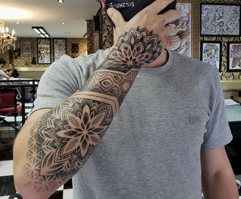 Geometric Tattoo Forearm Men, Arm Dotwork Tattoo, Mandala Half Sleeve Tattoo Men, Geometric Tattoo Sleeve Designs Men, Full Hand Tattoos For Guys, Mandala Hand Tattoo Men, Mandela Tattoo Men, Geometric Mandala Tattoo Design Men, Geomatic Tattoo Design