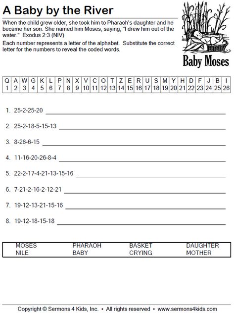 Baby Moses by the River Decoder | Sermons4Kids Breakfast Kids, Kids Church Lessons, Bible Word Searches, Childrens Sermons, Bible Quiz, Children's Church Crafts, Baby Moses, Sunday School Crafts For Kids, Bible Study For Kids