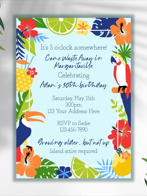 Margaritaville Party Invitations, Margaritaville Birthday Party, Margaritaville Party Ideas, Jimmy Buffet Party Ideas, Jimmy Buffett Party, Luau Birthday Party Invitations, Margaritaville Party, Flamingo Balloons, Margarita Party