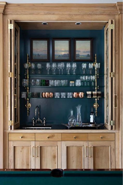 Wet Bar With Doors, Bar Cabinet With Doors, Cabinet Door Open, Cabinets That Look Like Furniture, Bar Doors In The House, Retractable Cabinet Doors, Hidden Wet Bar, Home Wet Bar Ideas, Wet Bar Cabinet