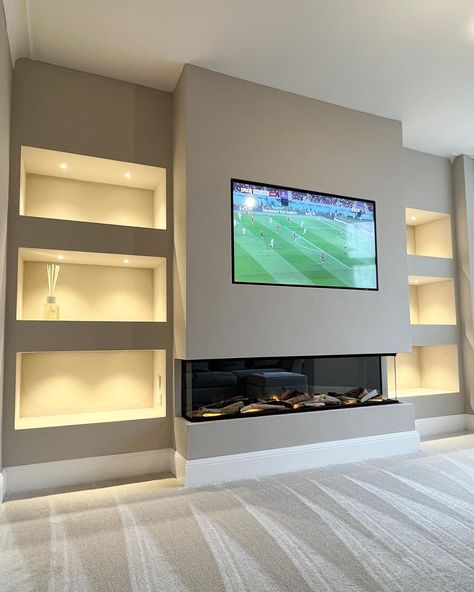 Tv Recessed In Wall, Entertainment Wall With Fireplace, Tv And Fire Wall Ideas, Ruang Tv, Feature Wall Living Room, Built In Shelves Living Room, Living Room Wall Units, Living Room Decor Fireplace, Living Room Design Inspiration