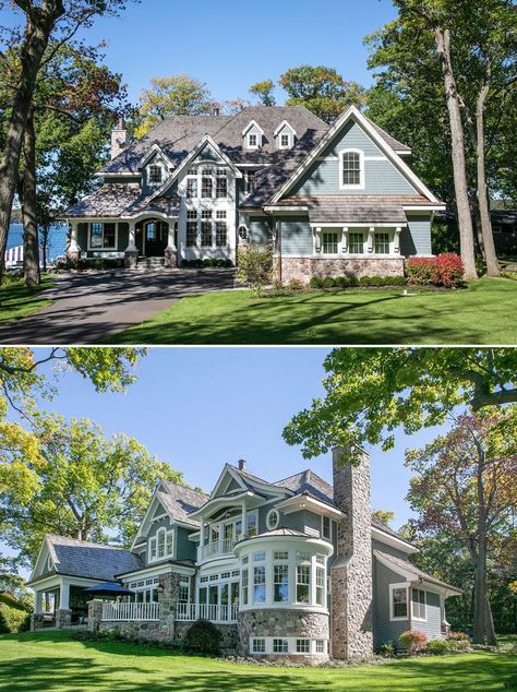 Lakeside Cottage Living - Lake Geneva, Wisconsin Dream Lake House, Little Cottage House, Cottage Mansion, Shingle Style Architecture, Castle House Plans, Windsor House, Slope House, Lake Geneva Wisconsin, Ocean Front Homes