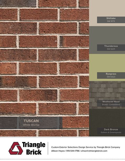 Tuscan brick Best Shingle Colors For Red Brick, Ranch Shutters, Triangle Brick, Exterior Paint Colours, Red Brick House Exterior, Allison Hayes, Interior Paint Colors Schemes, Best Exterior Paint, House Paint Color Combination