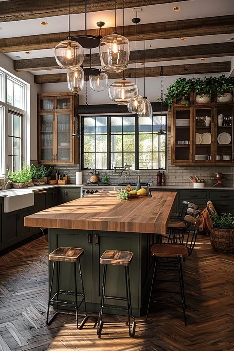 Gather in Style: Farmhouse Kitchen Island Table Ideas - Quiet Minimal Reclaimed Wood Kitchen Island, Kitchen Island Table, Farmhouse Kitchen Island, Rustic Kitchen Design, Cabin Kitchens, Rustic Farmhouse Kitchen, Kitchen Inspiration Design, Farmhouse Dining Room, Farmhouse Dining