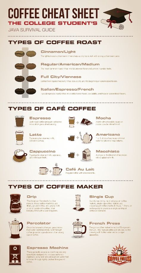 Coffee cheat sheet Barista Basics, Coffee Chart, Coffee Infographic, Types Of Coffee, Coffee Shop Business, Coffee Guide, Coffee Facts, Coffee Business, Coffee Drink Recipes