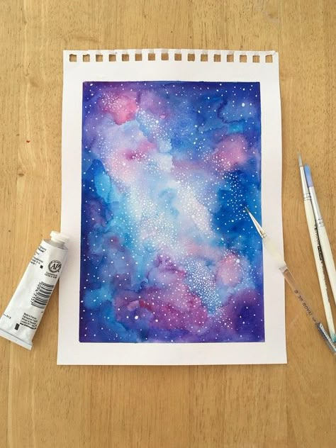 Easy Drawings Watercolor, Clouds Reference, Painting Galaxies, Watercolor Paintings Aesthetic, Simple Watercolor Painting, Watercolor Painting Ideas For Beginners, Space Paintings, Space Watercolor, Galaxy Sky