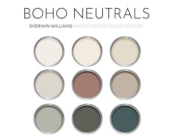 Farmhouse Boho Paint Colors, Boho Luxe Color Palette, Living Room Boho Paint Color Ideas, Scandinavian Boho Color Palette, Boho Bedroom Paint Colors Behr, Boho Color Scheme Living Rooms, Bohemian Living Room Wall Colors, Cozy Home Paint Palette, Wool Skein Sherwin Williams Living Rooms