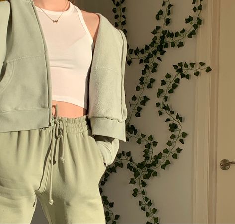 #aritzia #sweats #sweatpants #haltertop #white #sage #fashion #falloutfits #outfitinspo Mint Green Sweatpants Outfit, Sage Green Sweatpants Outfit, Light Green Sweatpants Outfit, How To Style Green Sweatpants, Aesthetic Outfits Sweatpants, Green Sweatpants Outfit, Sage Fashion, Cottagecore Aesthetic Outfits, Workout Outfits Aesthetic