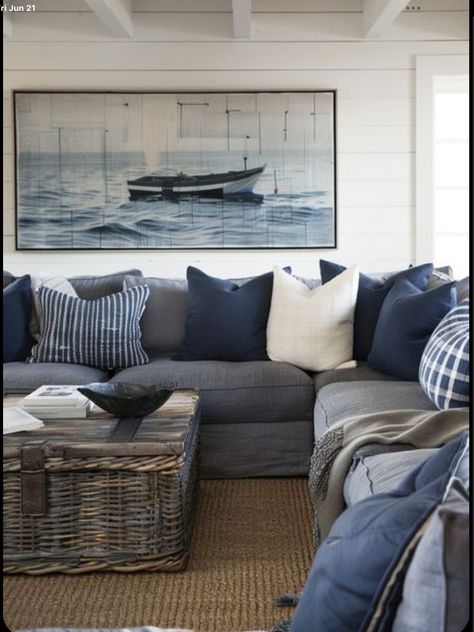 Nantucket Cottage Living Room, Blue Nautical Living Room, Coastal Sectional Sofa, Living Room Nautical, Marine Blue Living Room, Coastal Blue Interior Design, Blue Theme Interior Design, Gray White Blue Living Room, Small Lake House Decorating Ideas