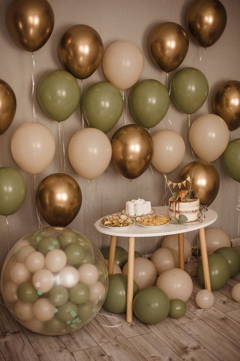 Green And Brown Birthday Party Ideas, Earth Tones Birthday Party Decor, Green And Beige Birthday Decor, Earth Tones Party Decor, Green And Brown Party Decorations, Green Boho Birthday Party, Sage Birthday Theme, Earthy Decorations Party, Earthy Theme Party