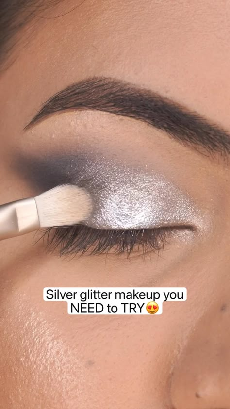 Eye Makeup Silver Dress, Gray Glitter Makeup, Makeup Ideas Silver Dress, Silver Looks Makeup, Dance Makeup Competition Smokey Eye, Natural Silver Eye Makeup Simple, Crystal Eye Makeup Rhinestones, Smokey Eye Makeup Silver Glitter, Black And Silver Eye Makeup Tutorial