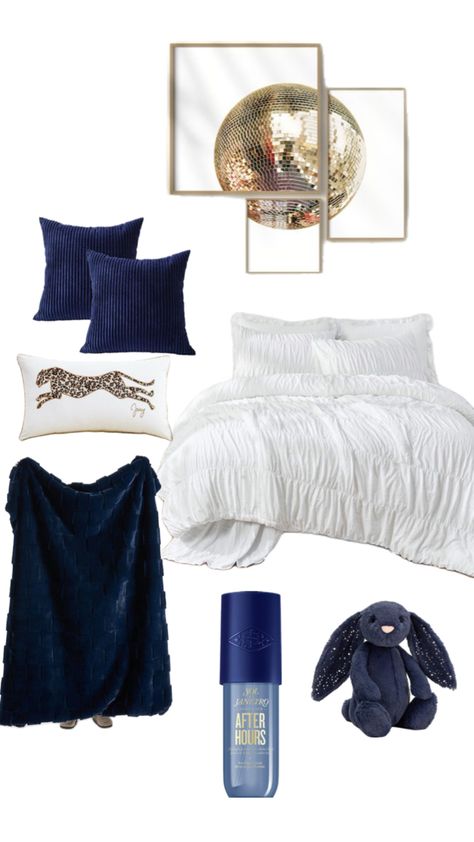 Gray Navy And Pink Bedroom, Navy Black And White Bedroom, Navy Blue And Gold Bedroom Decor, Room Ideas Aesthetic Navy Blue, Clean Girl Room Aesthetic Navy Blue, Dorm Room Navy Blue, Navy Room Decor Bedroom, Navy Blue Apartment Aesthetic, Room Inspo Aesthetic Blue