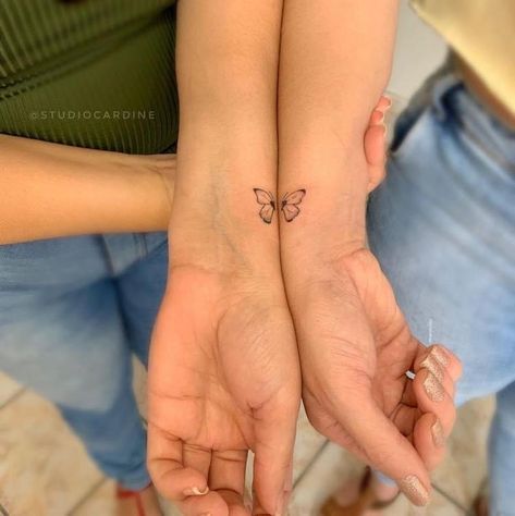 Tiny Best Friend Tattoos Butterfly, Tattoo For Duo, Duo Tattoo Ideas Sisters, Matching Sister Butterfly Tattoos, Mom And Daughter Tattoos Matching Unique, Small Matching Tattoos For Sisters, Unique Sibling Tattoos, Sister Tattoos Unique, Duo Tattoo Ideas