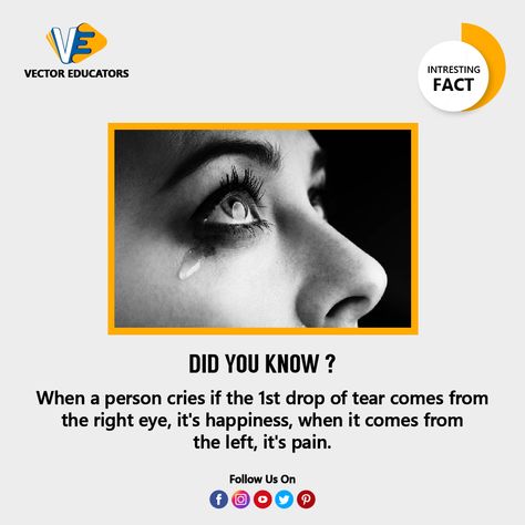 When a person cries if the 1st drop of tear comes from the right eye, it's happiness, when it comes from the left, it's pain. #Tears #InterestingFacts #VectorEducators Meaning Of Tears Eye, When Tears Fall From Left Eye, Tear From Right Eye Meaning, Tears From Left Eye, Facts About Tears, If A Tear Falls From The Left Eye, Star Tear Disease, Tear Quotes, Facts About Crying