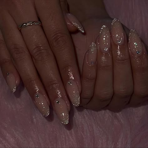 Short Nail Designs White Silver Glitter, Simple And Elegant Nails Classy, Nail Inspo White And Silver, French Nails Almond With Diamonds, Short Sparkly Nails Simple, Silver Clear Nails, Cute Almond Nails Design Birthday, Sparkly Birthday Nails Almond, Classy French Tip Nails Sparkle