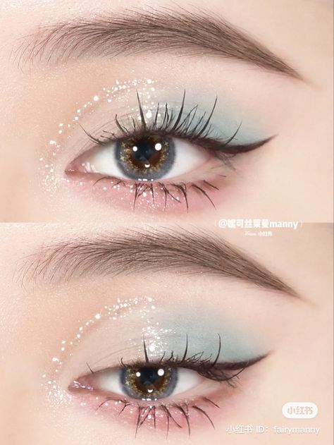 Eye Makeup Light Blue, Nail Korean Style Blue, Blue Korean Makeup, Korean Glitter Eye Makeup, I’m Cold Makeup, Blue Eye Makeup Looks, Pastel Eyeshadow Looks, Douyin Eye Makeup, Light Blue Makeup