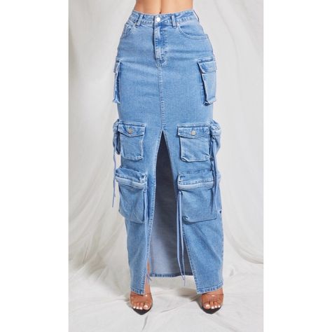 Brand New Waistband Button W/ Zipper Closure Cargo Pockets Pocket Front & Back Blue Wash Long Denim Skirt With Pockets, Denim Cargo Skirt Outfit, Cargo Skirt Long, Upcycle Jeans Skirt, Maxi Denim Skirt Outfit, Crazy Jeans, Cargo Skirt Outfit, Jean Skirt Fashion, Lady Outfits