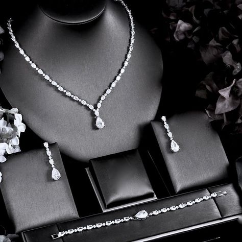 Wedding Jewelry - Silver Cubic Zirconia Bridal Three-Piece Jewelry Set Silver Jewelry For Quince, Diamond Wedding Necklace Set, Simple Diamond Jewelry Set, Silver Jewelry Set Wedding, Bridal Wedding Jewellery Set, Jewelry Set Design For Wedding, Silver Simple Jewelry Set, Wedding Necklace And Earrings, Platinum Jewellery Set