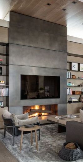 Black Mantle Decor, Modern Fireplace Ideas Living Rooms, Fireplace Modern Design, Black Mantle, Fireplace Feature Wall, Fireplace Modern, Basement Fireplace, Cabin Fireplace, Metal Fireplace