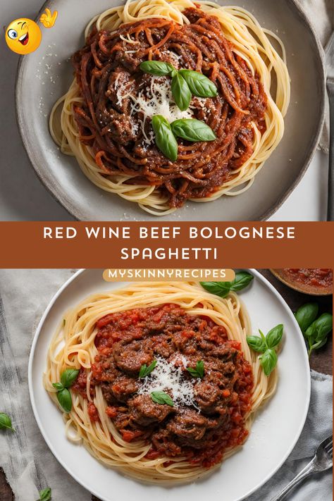 Indulge in the rich flavors of our Red Wine Beef Bolognese Spaghetti! Made with tender ground beef simmered in a savory red wine-infused tomato sauce, this classic Italian dish is perfect for a cozy night in. Serve over al dente spaghetti noodles and garnish with Parmesan cheese for a comforting meal that's sure to please. Don't forget the fresh basil leaves for a burst of freshness #myskinnyrecipes Beef Red Sauce Pasta, Bolognese Sauce With Red Wine, Ground Pork Spaghetti Sauce, Ground Beef And Spaghetti Noodles, Red Sauce Pasta Recipes Ground Beef, Wine Spaghetti Sauce, Red Wine Spaghetti, Bolognese Spaghetti, Easy Spaghetti Bolognese