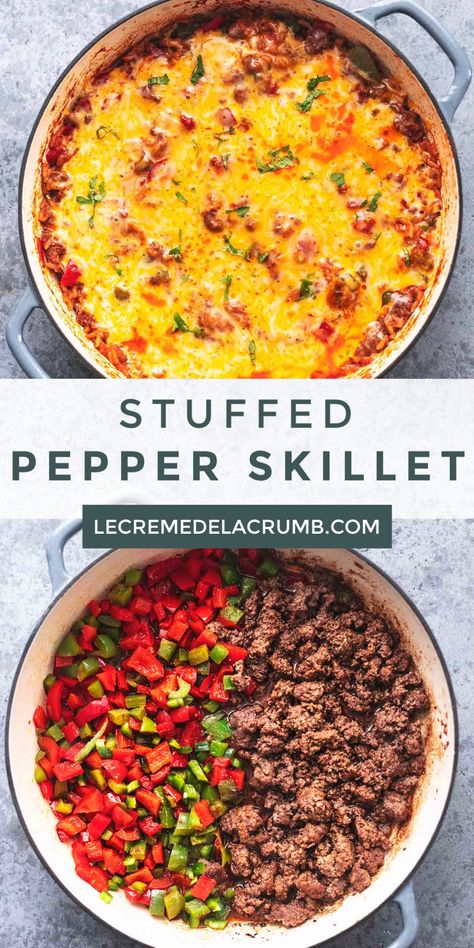 Easiest ever Stuffed Pepper Skillet one-pot meal. All the flavors of classic stuffed peppers made super quick and easy in just 20 minutes in a skillet on your stovetop! | lecremedelacrumb.com #healthy #delicious #stuffed #skilletmeals #peppers #20minutemeal #onepotmeal Stuffed Peppers Skillet, Stuffed Bell Peppers Skillet, One Pot Stuffed Peppers, Easy Meals Stovetop, Easy Dinners Stovetop, One Pot Skillet Meals Healthy, Healthy Iron Skillet Recipes, Quick Healthy One Pot Meals, Protein Skillet Meals