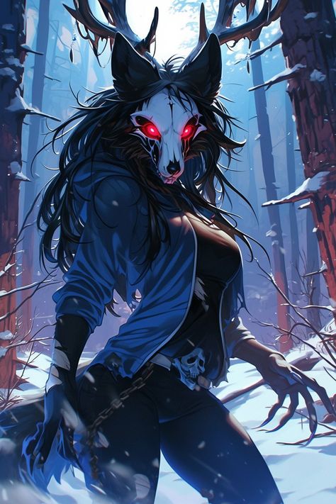 Wendigo Character Art, Cerberus Character Design, Halloween Wolf Art, Werewolf Girl Oc, Female Wendigo Art, Armored Werewolf, Wendigo Character Design, Lycan Female Werewolves, Dark Character Art