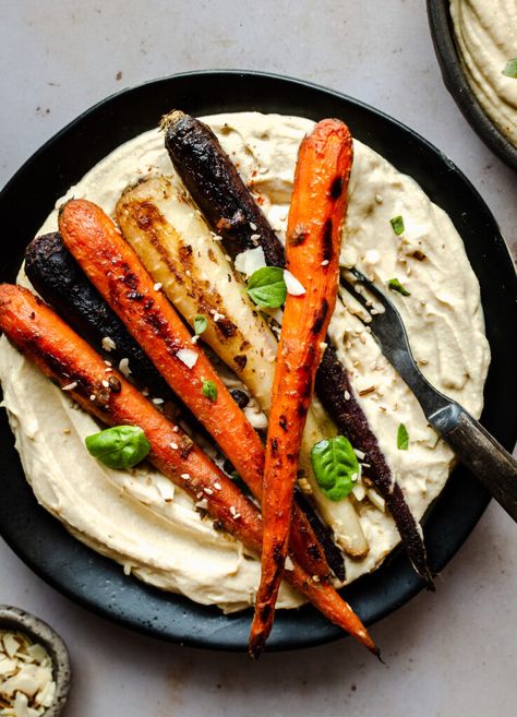 Miso Roasted Carrots with Hummus - Upbeet Anisha Carrots With Hummus, Carrots And Hummus, Glazed Roasted Carrots, Roasted Rainbow Carrots, Carrot Recipe, Sweet Potato Hummus, Fluffy Bed, Miso Glaze, Dry Chickpeas