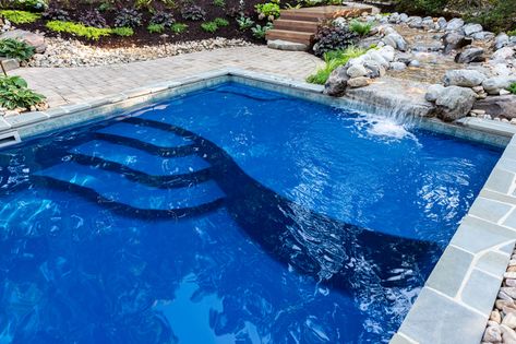 Everything You Need to Know About Pool Waterfalls Backyard Small Pool, Small Pool Backyard, Fiberglass Pool Cost, Small Fiberglass Pools, Ideas De Piscina, Small Inground Pool, Backyard Pool Design, Inground Pool Designs, Pool Cost