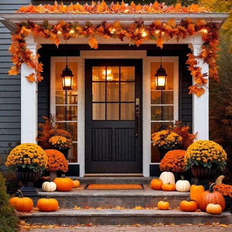 Fall Mum Front Porch Decor, Front Fall Porch Ideas, Fall Porch With Mums, Yellow Mums Front Porch, Decorating With Mums For Fall, Fall Mums Display Porch, Mums Front Porch Fall Displays, Step Decor, Cozy Front Porch Ideas