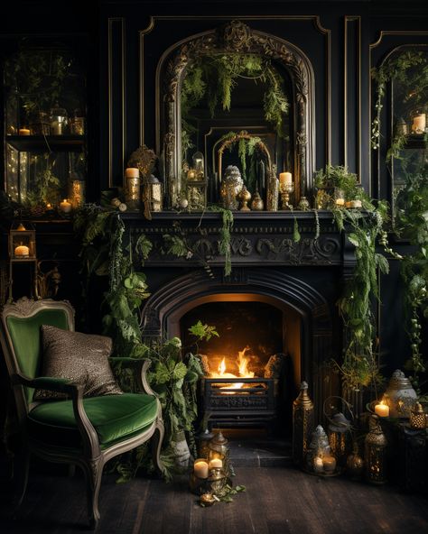 Black Green Furniture, Green Victorian House Interior, Green And Black Fireplace, Slytherin Aesthetic Living Room, Dark Victorian Aesthetic Living Room, Moody Fireplace Room, Gothic Fireplace Decor, Green Gothic Living Room, Dark Green Victorian Bedroom