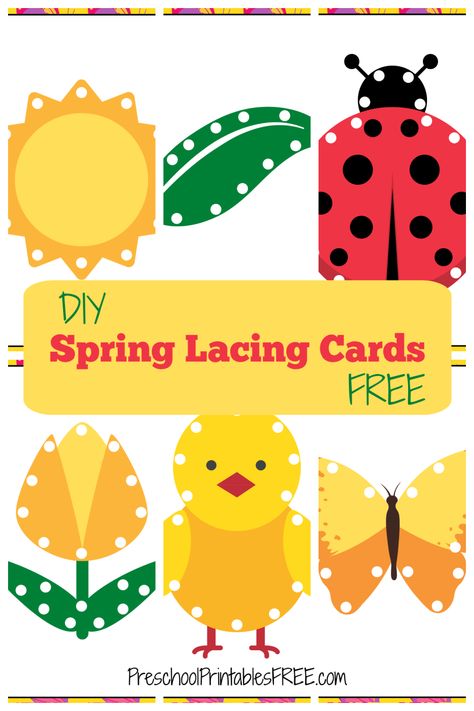 Spring Lacing Cards for preschoolers. Free printable lacing cards to make your own fine motor skill activity. How to make these DIY lacing cards and different materials to lace with are included. Free Lacing Card Printables, Lacing Activities For Kids, Free Printable Lacing Cards, Diy Lacing Cards, Motor Skill Activity, Easter Kindergarten, Preschool Spring, Insects Preschool, Spring Toddler