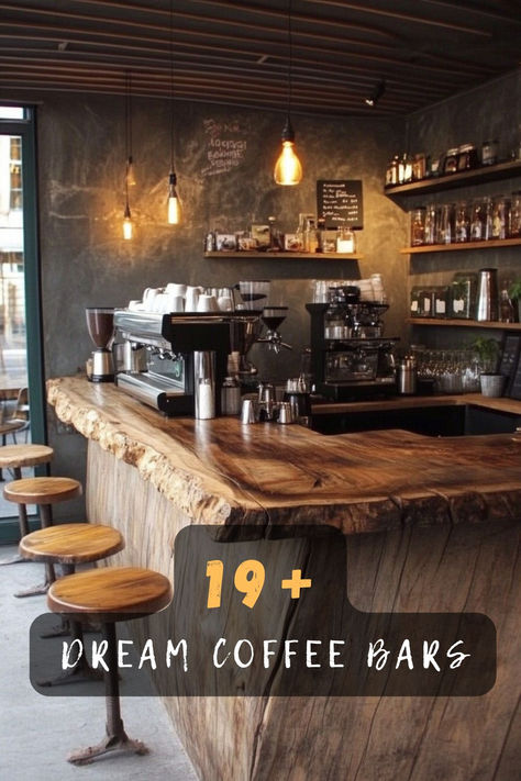 Dreaming of the perfect home coffee bar? Click for inspiring setups that make every morning special. ☕🏡✨ #CoffeeBarIdeas #HomeCoffeeStation #MorningRoutine #HomeDecor #CoffeeLover Cocktail And Coffee Bar Designs Idea, Cafe House Design Coffee Shop, Fancy Coffee Bar, Cozy Coffee Shop Interior, Coffee House Aesthetic, Break Room Ideas, Shop Bar Ideas, Rustic Coffee Shop, Craft Market Display