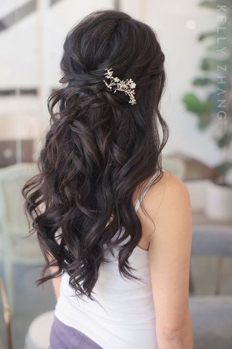 Wedding Hairstyles Dark Hair Down, Half Up Asian Hair, Bridal Hairstyles For Dark Hair, Wedding Hairstyles Half Up Half Down Dark Hair, Bridal Hair Half Up Brunette Medium Length, Bride Hairstyles Brunette Half Up, Half Up Half Down With Hair Comb, Wedding Hair Asian Half Up, Formal Hairstyles Asian Hair