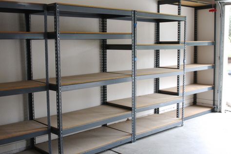 Simply Done: Custom Wall of Garage Shelving - Simply Organized Metal Garage Shelves, Garage Shelving Ideas, Pallet Deck Diy, Garage Wall Organizer, Garage Organization Systems, Garage Wall Storage, Garage Shelving Units, Metal Garage, Garage Storage Shelves