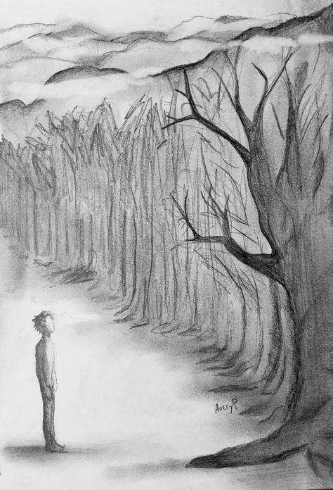 #drawing #art #pencil #shading #black #white #depressing #melancholy #scenery #trees #forest #woods #dark #evil #boy Melancholy Drawing Art, Lost In The Woods Drawing, Forest Drawing Easy, Woods Drawing, Woods Dark, Forest Sketch, Witty Comics, Drawing Sunset, Drawing Ideas Creative