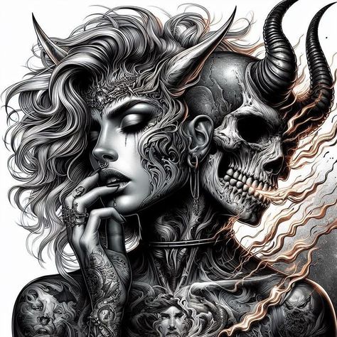 Demonic Female Tattoos, Cover Up Tattoos For Women Chest, Dark Woman Tattoo, Split Personality Tattoo, Female Demon Tattoo, Dark Skull Tattoo Design, Dark Realism Tattoo, Female Chest Tattoo Ideas, Aphrodite Goddess Tattoo