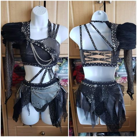 Punk Dance Costume, Creepy Contemporary Dance Costumes, Warrior Dance Costume Ideas, Warrior Dance Costume, Rock Dance Costume, Goth Dancing, Pole Dance Costume, Musical Theatre Costumes, Twirling Costumes