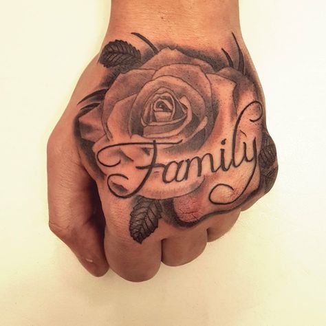 Rose Tattoo Back, Ox Tattoo, Rose Tattoo With Name, Shen Long Tattoo, Rose Hand Tattoo, Family Tattoo Designs, Rose Tattoos For Men, Tattoo Back, Hand Meaning