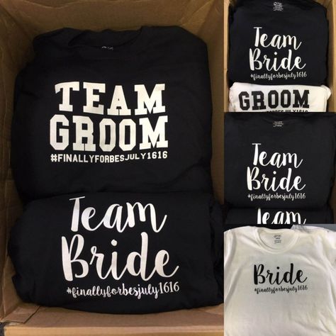 Cute Ideas To Distinguish Between Bride And Groom Side! Team Groom Shirts, Bride And Groom Tshirts, Bridal Party Tshirts, Bridal Shower Shirts, Wedding Parties Pictures, Stag And Doe, Team Groom, Disney Bridal Showers, Groom Shirts