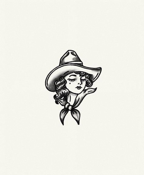 Black And White Western Tattoos, Calamity Jane Tattoo, American Trad Cowboy Tattoo, Old School Tattoo Designs Woman, Cowgirl Silhouette Tattoo, Cowgirl Face Tattoo, Cowgirl Head Tattoo, Cowgirl Skull Tattoo, Dainty Traditional Tattoos