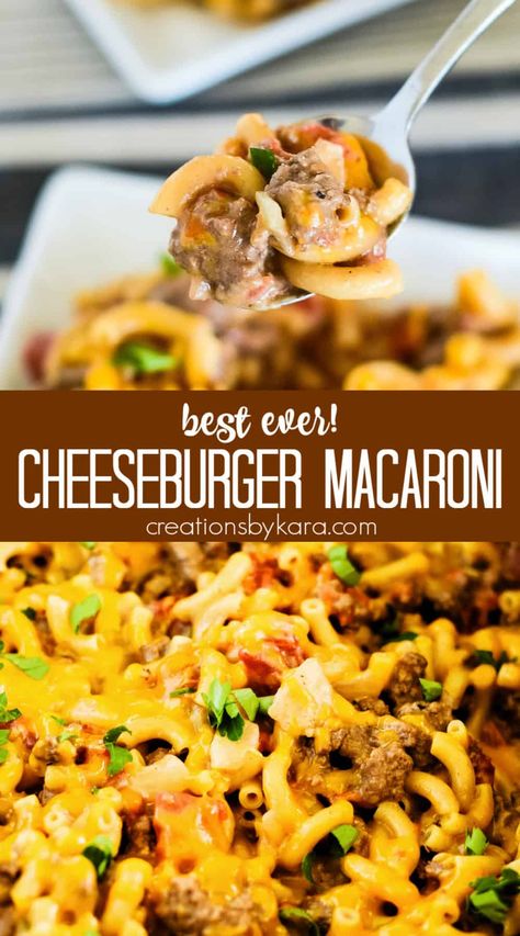 This CHEESEBURGER MACARONI is a tasty homemade version of hamburger helper. With ground beef, onions, garlic, spices, macaroni and a creamy cheese sauce, it is the perfect comfort food any night of the week! #cheeseburgermacaroni #cheeseburgermacandcheese #groundbeefmacandcheese #easygroundbeefrecipe -from Creations by Kara Creations By Kara, Ground Beef Macaroni Recipes, Munster Cheese Recipes, Homemade Cheeseburger Macaroni, Macaroni Hamburger, Hamburger Mac And Cheese, Beef Mac And Cheese, Baked Hamburgers, Cheeseburger Macaroni