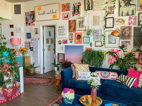 INTERIOR TRENDS 2024 | What is cluttercore style trend Gallery Wall Studio Apartment, Blue Couch Maximalism, Apartment Blue Couch, Mismatched Decor, Funky Gallery Wall, Apartment Colorful, Ecclectic Decor, Funky Apartment, Funky Artwork