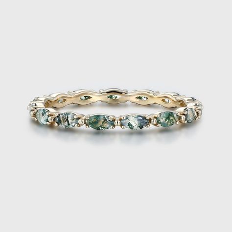 OVEELA Natura Moss Agate Stacking Wedding Band In 14K Yellow Gold Boho Wedding Bands, Matching Promise Rings, Agate Wedding, Stacked Wedding Bands, Ring Matching, Moissanite Jewelry, Green Diamond, White Gold Band, Affordable Jewelry