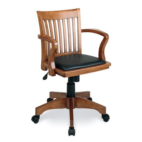 Have to have it. OSP Designs Deluxe Bankers Chair with Vinyl Padded Seat - Fruitwood with Black Vinyl - $177.99 @hayneedle.com Wood Desk Chair, Reception Office, Wooden Office Chair, Bankers Chair, Wooden Desk Chairs, Hanging Chair From Ceiling, Office Chair Without Wheels, Swivel Chair Desk, Office Area