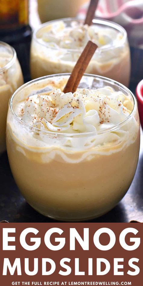 Eggnog Mudslides are a festive, delicious twist on a classic. Made with vodka, coffee liqueur, and creamy eggnog, they're the perfect cocktail for all your holiday parties! Christmas Eggnog Drinks, Eggnog Drinks, Eggnog Cocktail, Christmas Eggnog, Creamy Eggnog, Whipped Cream Vodka, Booze Drink, Alcholic Drinks, Liquor Recipes