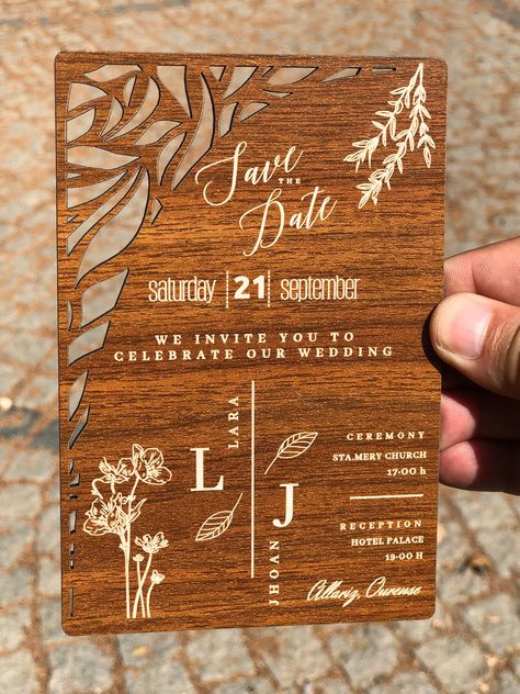 My wooden invitations are made of 3 mm mdf wood. the wood should be covered on both sides Surprise all guests with an unforgettable invitation! Beautiful and Unique Wood Wedding Invitation is what you were looking for, Marmara Wood Art will provide you with a large palette of different colors as well as beautiful invitation styles. If you have any interesting idea, we are always happy to help you. Laser engraved rustic wedding invitations made of real wood. The design on our wooden invitations c Wooden Invitation, Wedding Invitation Boho, Wooden Wedding Invitations, Wood Inspiration, Barn Wedding Invitations, Rustic Invitation, Wedding Badges, Wood Wedding Invitations, Boho Wedding Invitation